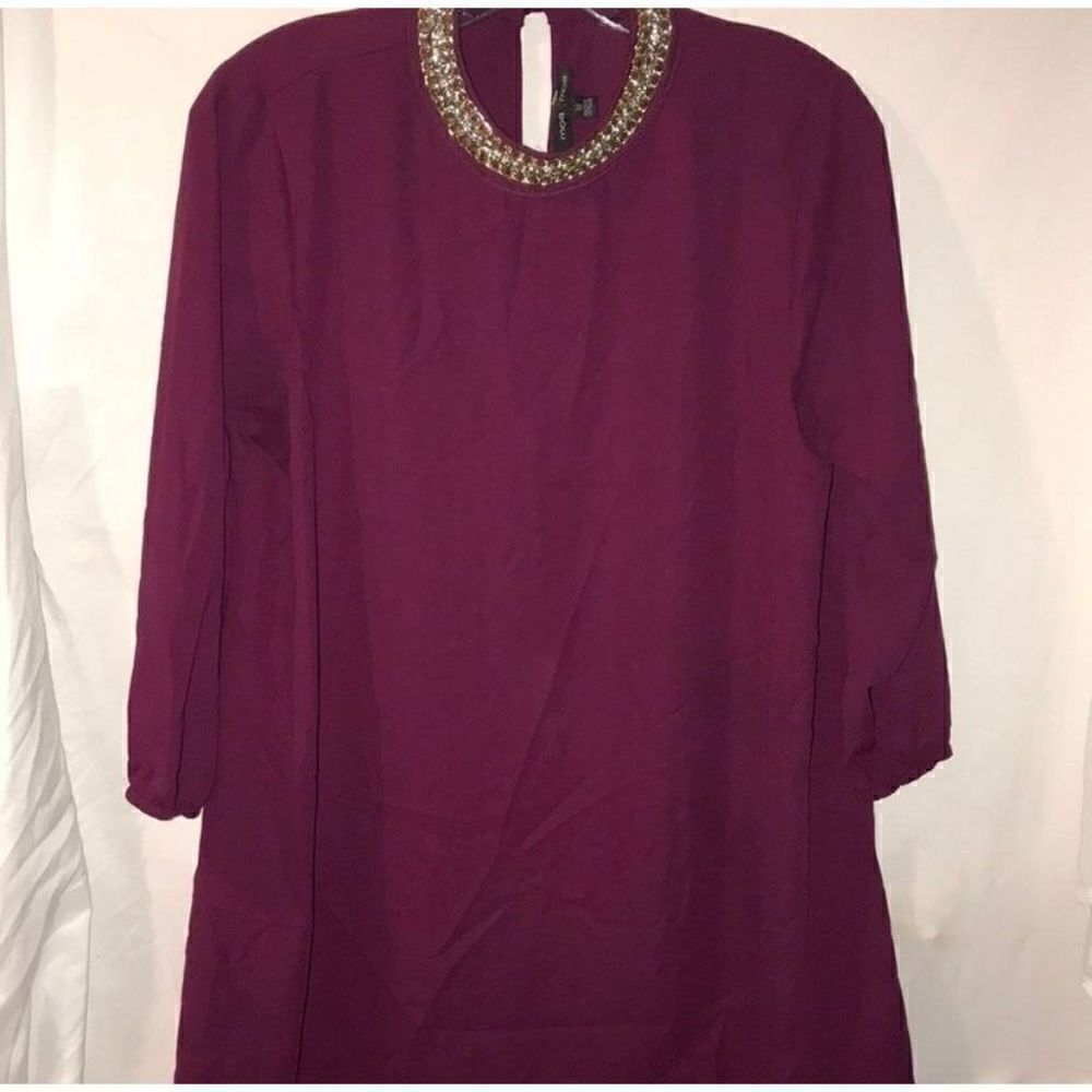 Moa Moa Womens Plum Purple Embellished Neckline‎ Long Sleeve Shift Dress Size M